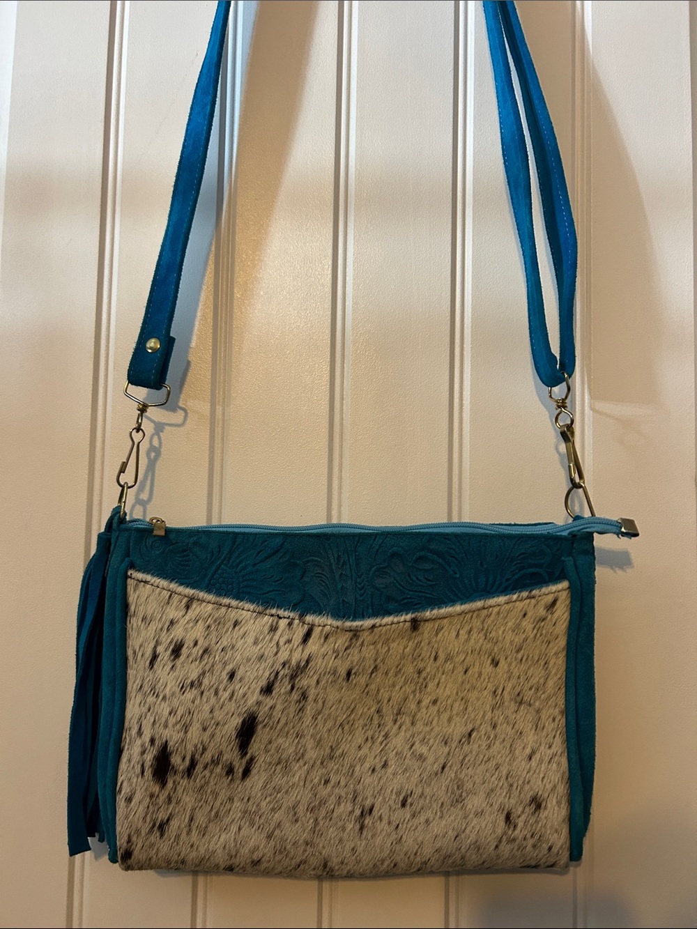 Teal Western-Inspired Crossbody Bag with Hair-On Hide Front